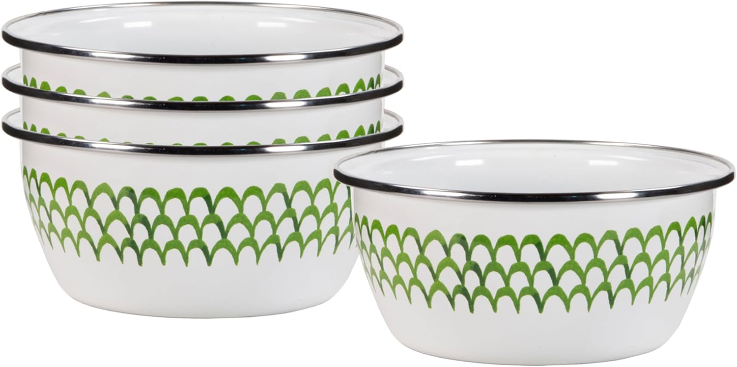 Golden Rabbit Enamelware Salad Bowls, 24 ounce, Green Scallop, Set of 4