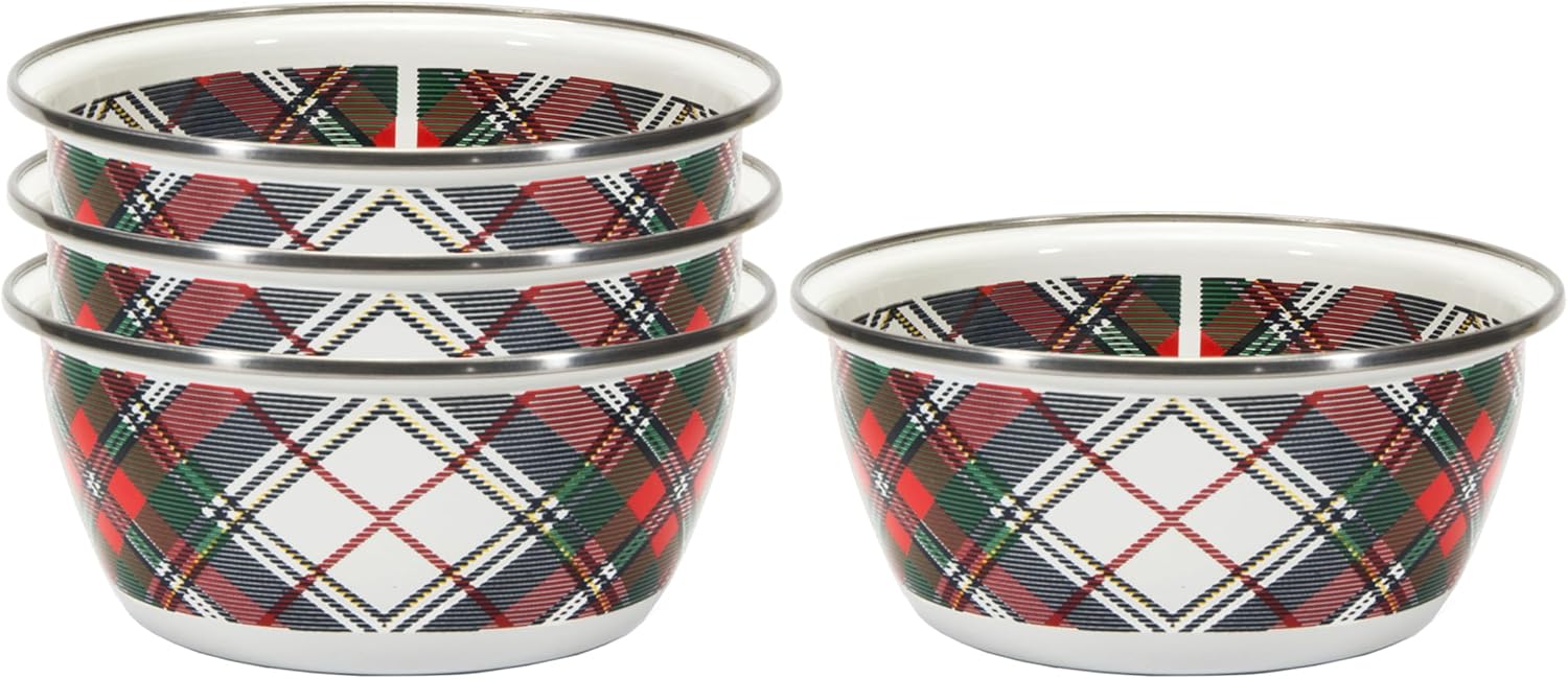 Golden Rabbit Enamelware Salad Bowls, 24 ounce, Highland Plaid, Set of 4