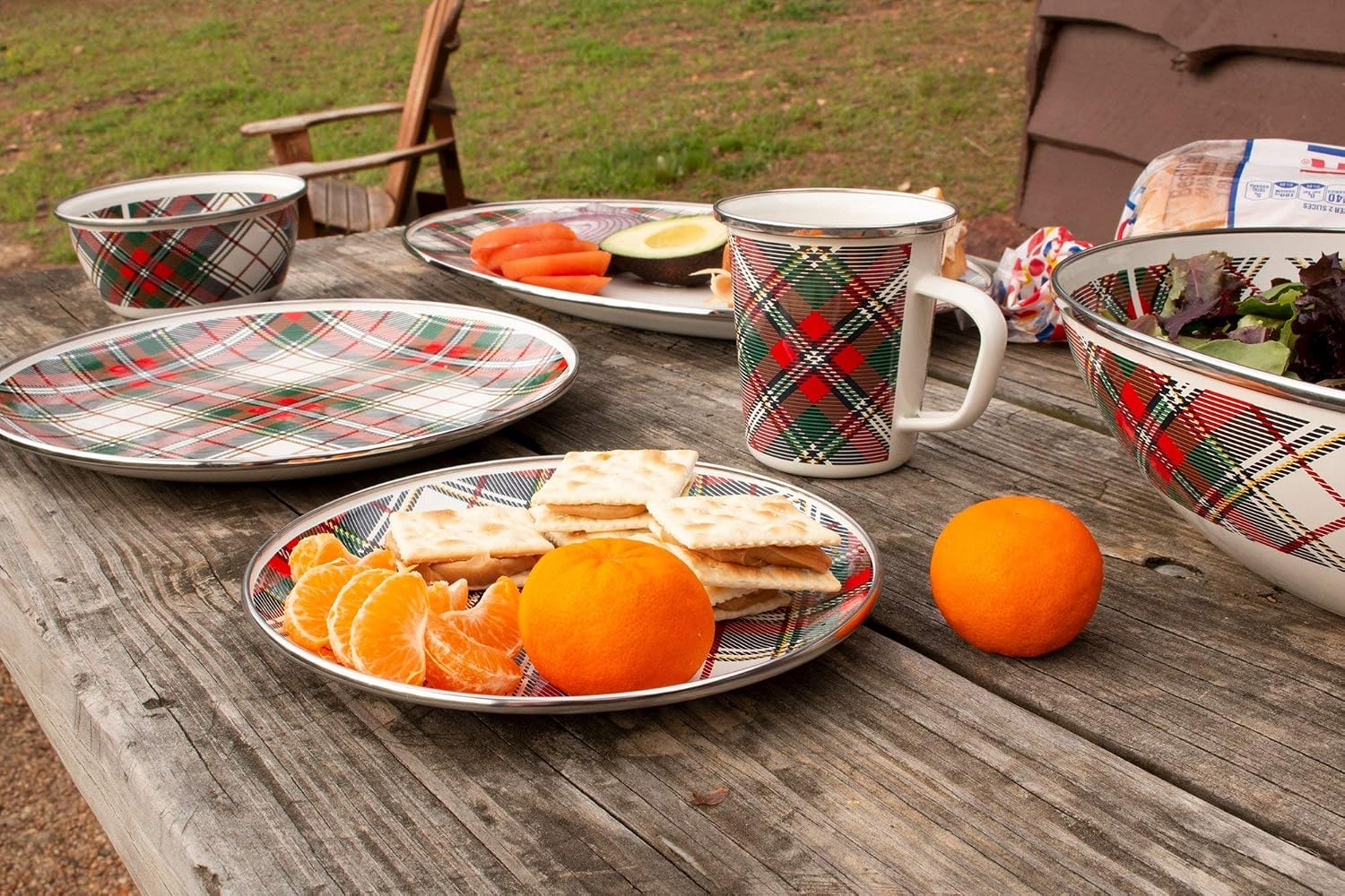 Golden Rabbit Enamelware Salad Bowls, 24 ounce, Highland Plaid, Set of 4