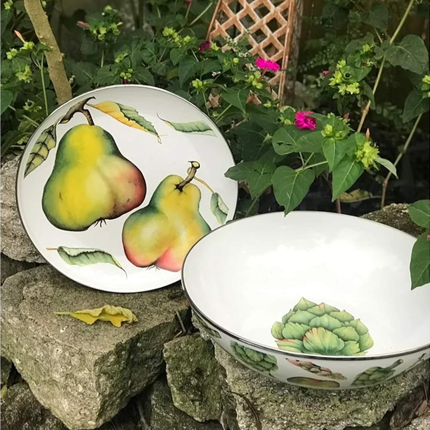 Golden Rabbit Enamelware Chargers, 12.5 inch, Fresh Produce, Set of 2