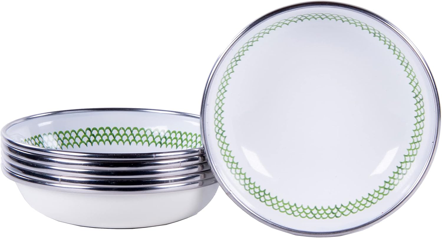 Golden Rabbit Enamelware Tasting Dish Bowls, 4 ounce, Green Scallop, Set of 6