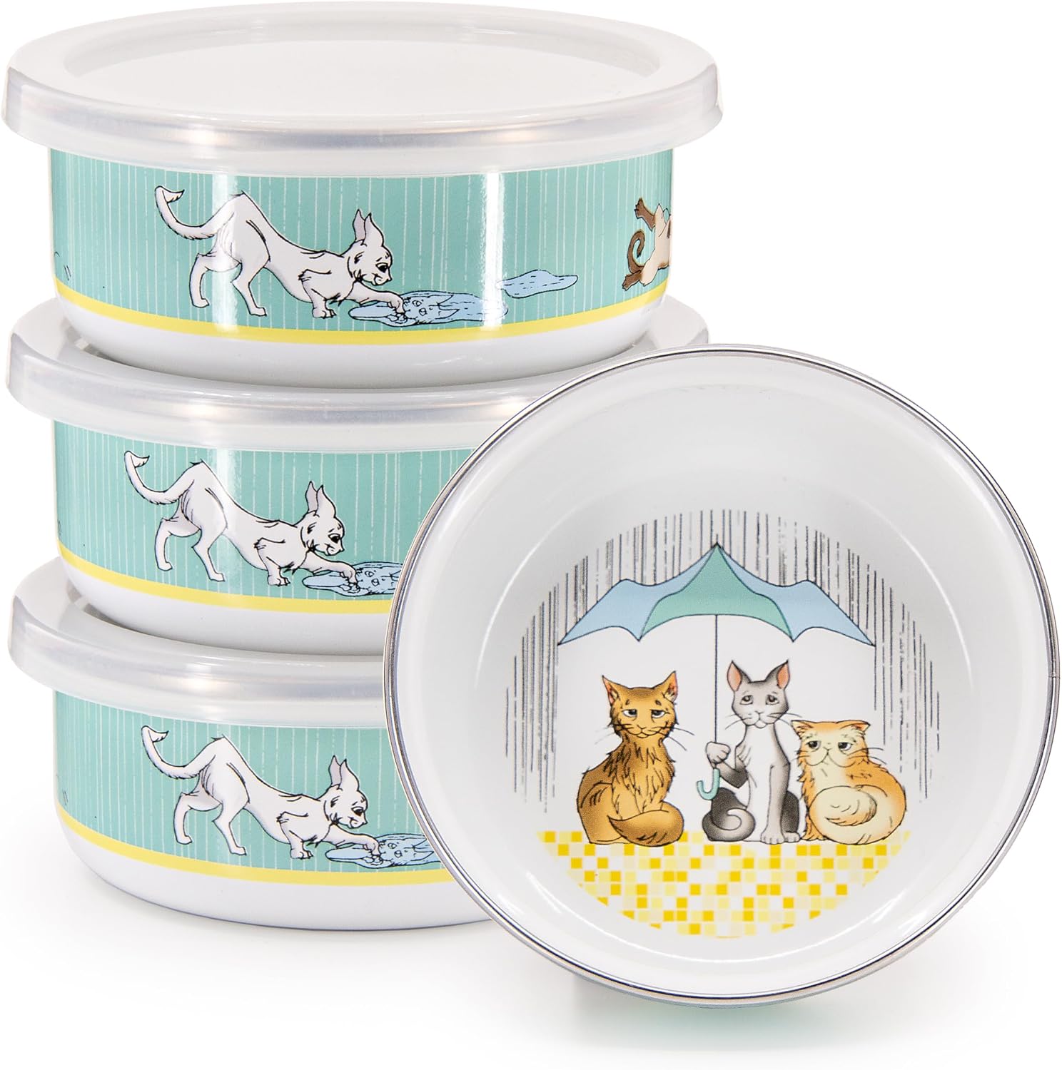 Golden Rabbit Enamelware Child Bowls with Lids, 14 ounce, Raining Cats and Dogs, Set of 4