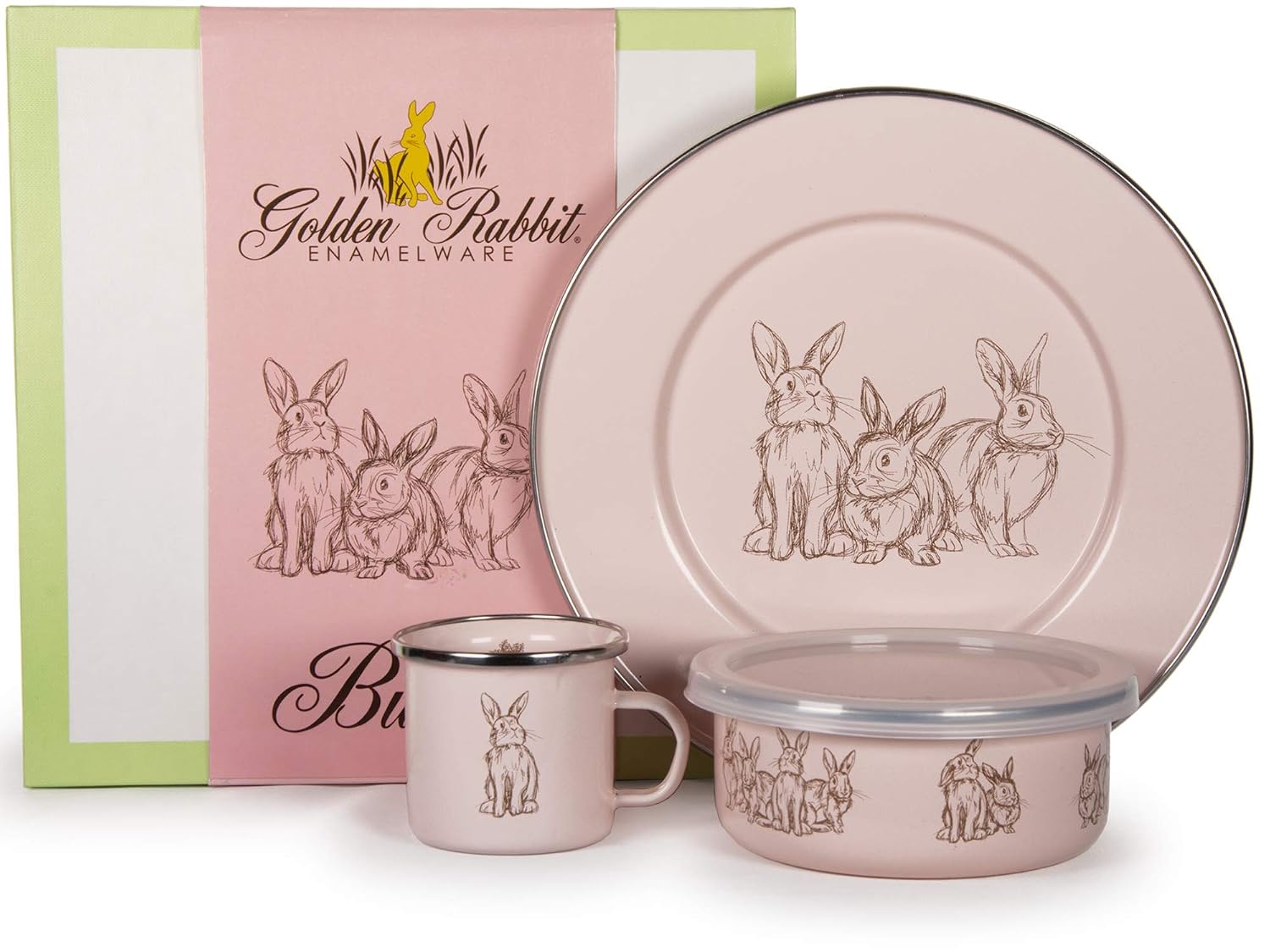 Golden Rabbit Enamelware Child Dinnerware Set: Plate, Mug and Bowl with Lid, Pink Bunnies