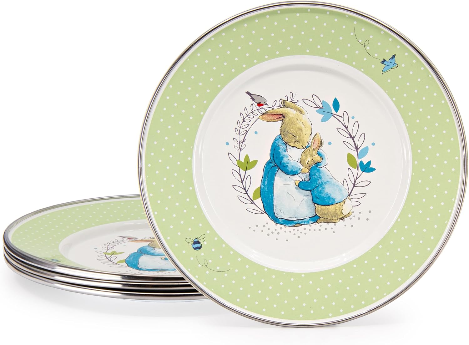 Golden Rabbit Enamelware Child Plates, 8.5 inch, Polka Dot Peter, Set of 4
