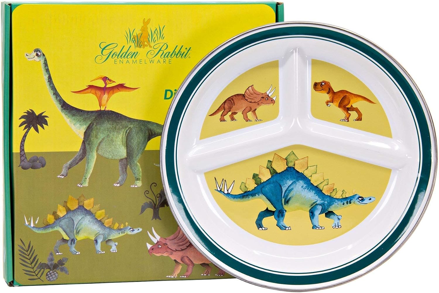 Golden Rabbit Enamelware Toddler Plate, 9 inch, Dinosaurs