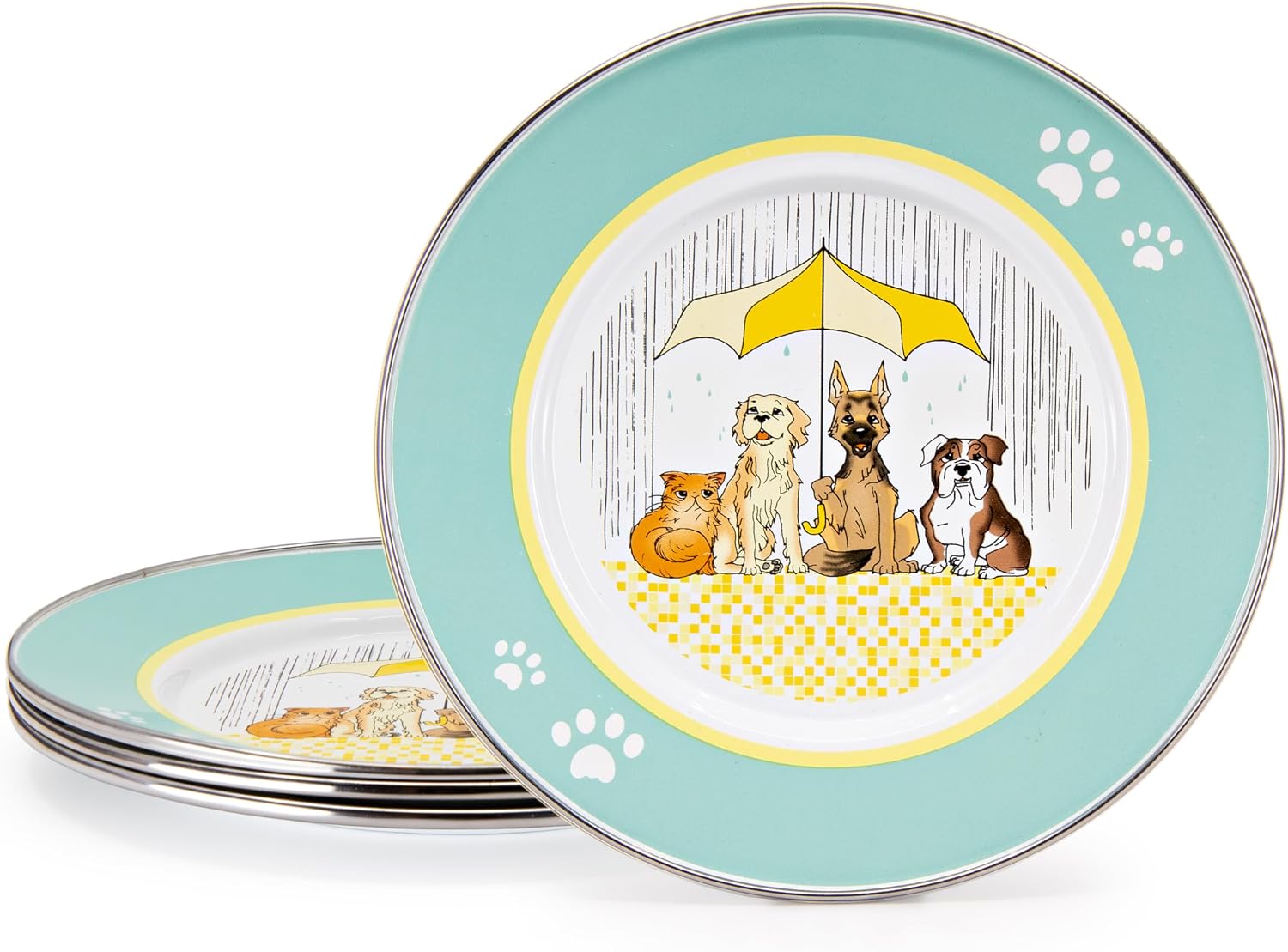 Golden Rabbit Enamelware Child Plates, 8.5 inch, Raining Cats and Dogs, Set of 4