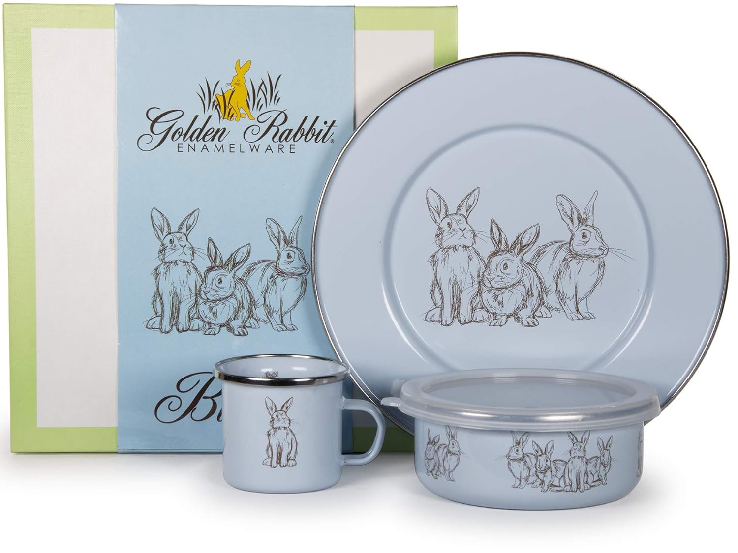 Golden Rabbit Enamelware Child Dinnerware Set: Plate, Mug and Bowl with Lid, Blue Bunnies